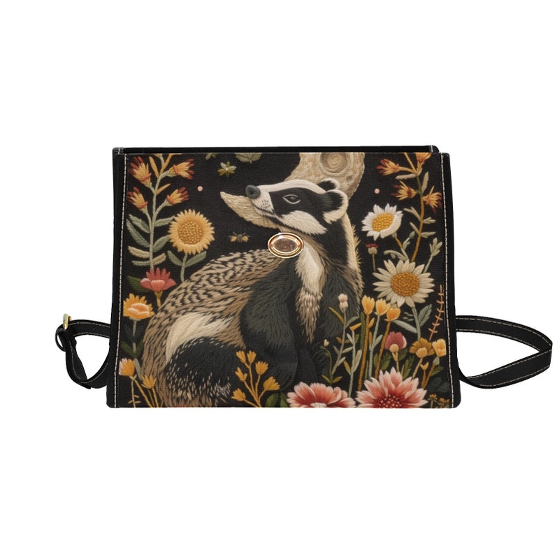 Faux-Embroidered Badger & Woodland Floral Witchy Satchel Handbag For Boho Hippie