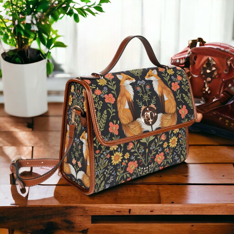 Faux-Embroidered Foxes & Flowers Witchy Satchel Handbag For Boho Hippie