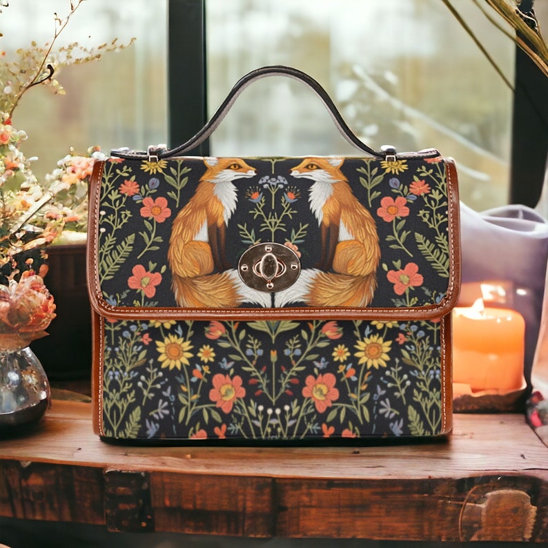 Faux-Embroidered Foxes &amp; Flowers Witchy Satchel Handbag For Boho Hippie