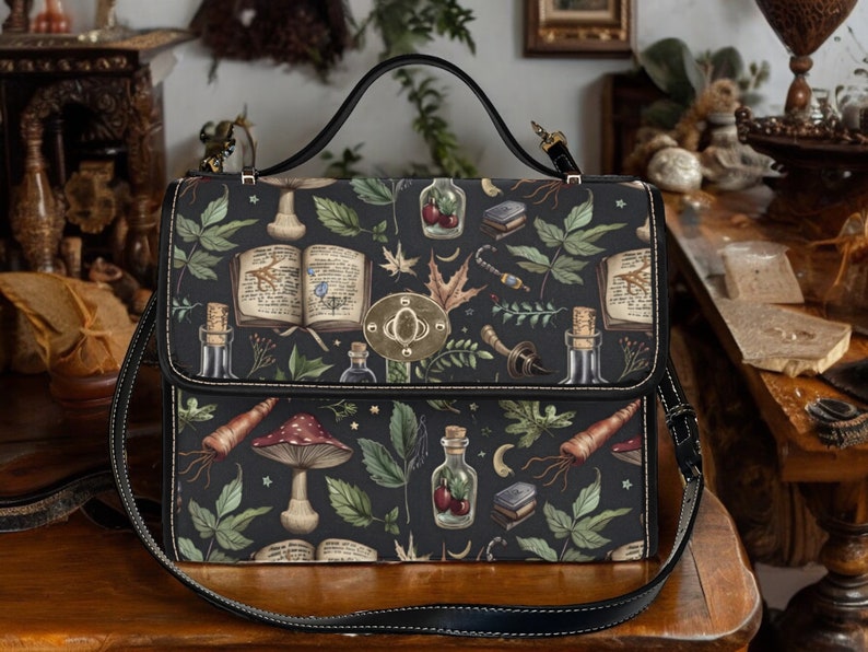 Dark Botanical Cottagecore Witchy Green Satchel Handbag For Boho Hippies