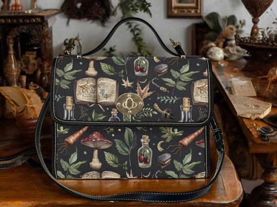 Dark Botanical Cottagecore Witchy Green Satchel Handbag For Boho Hippies