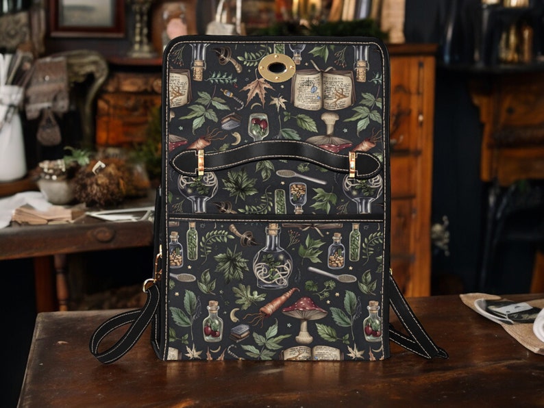 Dark Botanical Cottagecore Witchy Green Satchel Handbag For Boho Hippies