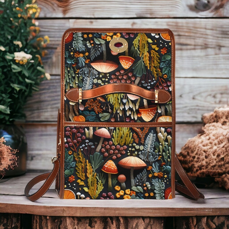 Boho FAUX-Embroidered Mushrooms Cottagecore Canvas Satchel Bag For Hippie