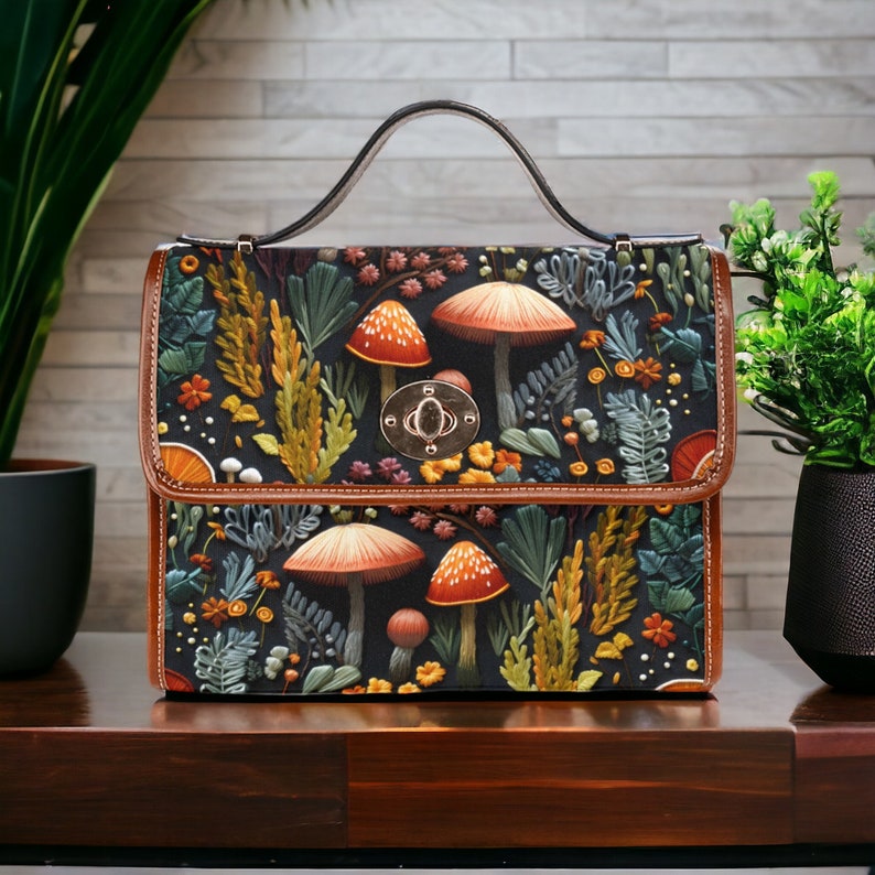 Boho FAUX-Embroidered Mushrooms Cottagecore Canvas Satchel Bag For Hippie