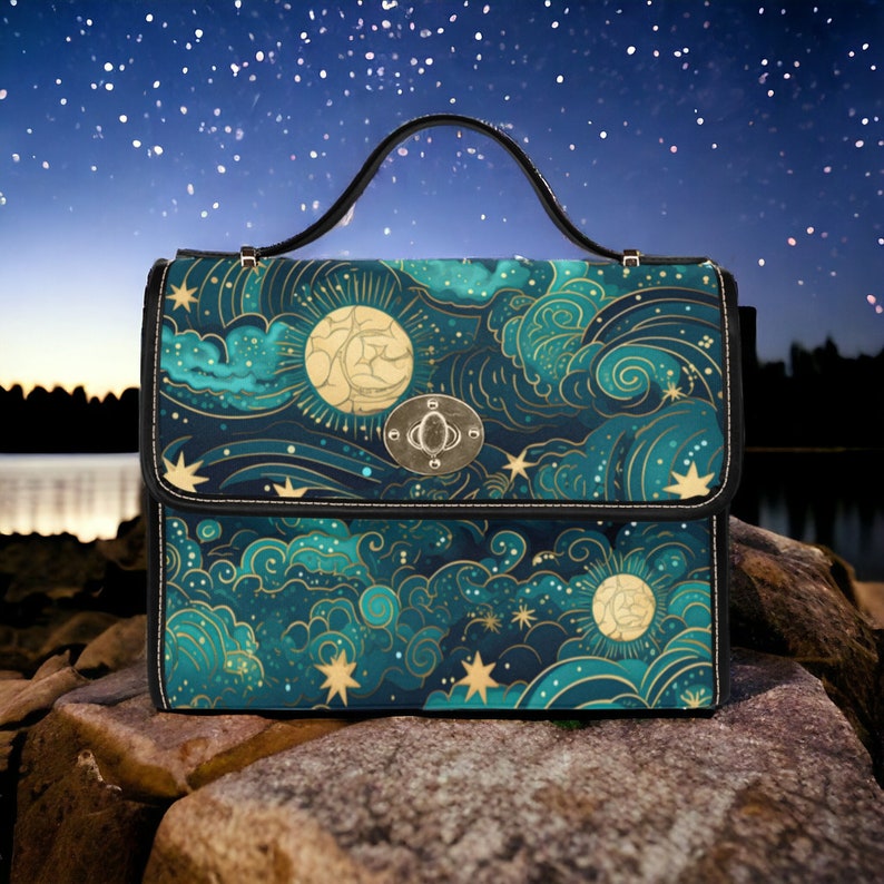 Boho Celestial Starry Night Sky and Moon Satchel Handbag For Hippie