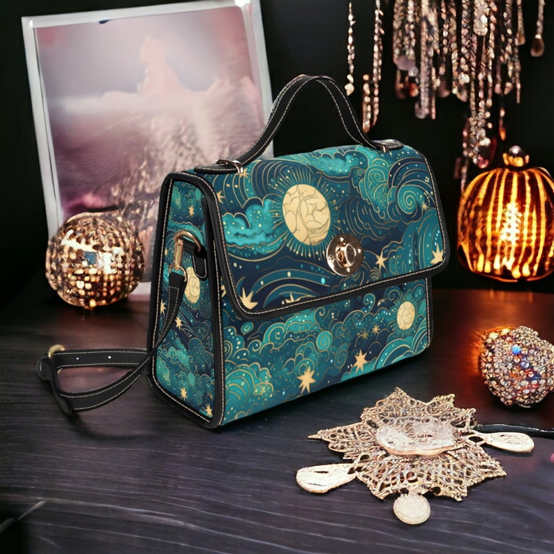 Boho Celestial Starry Night Sky and Moon Satchel Handbag For Hippie