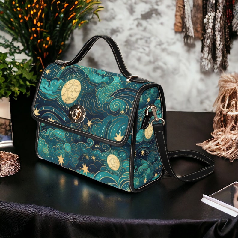 Boho Celestial Starry Night Sky and Moon Satchel Handbag For Hippie