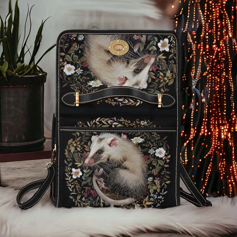 Faux-Embroidered Opossum & Flowers Witchy Satchel Handbag For Boho Hippie