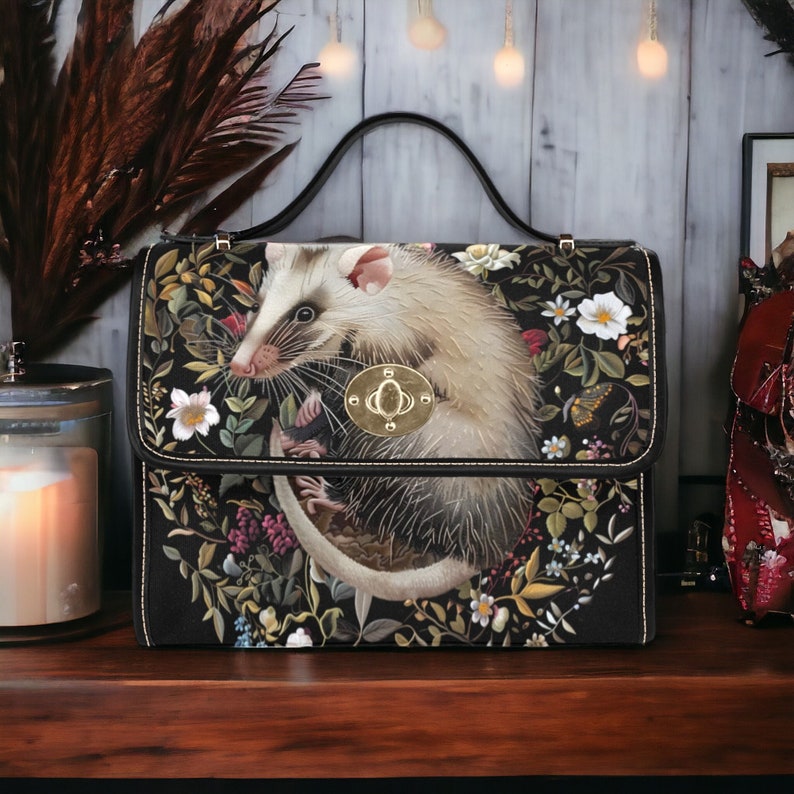 Faux-Embroidered Opossum &amp; Flowers Witchy Satchel Handbag For Boho Hippie