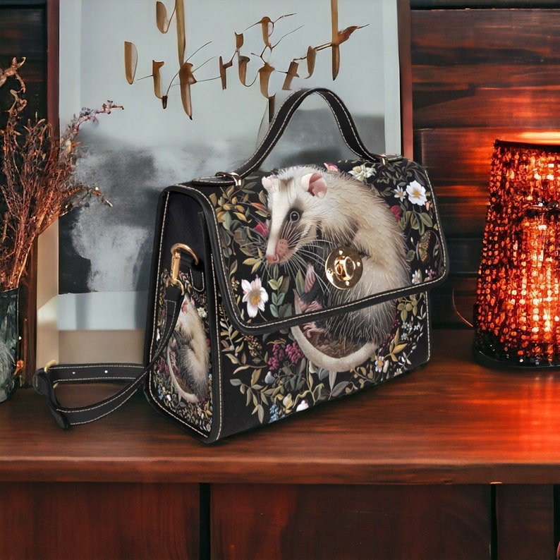 Faux-Embroidered Opossum &amp; Flowers Witchy Satchel Handbag For Boho Hippie