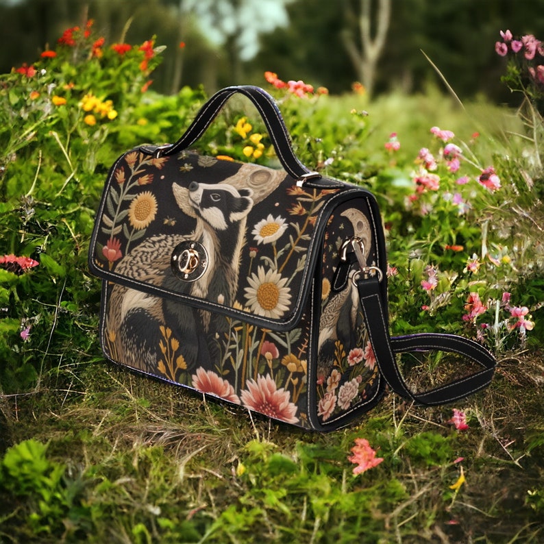 Faux-Embroidered Badger & Woodland Floral Witchy Satchel Handbag For Boho Hippie