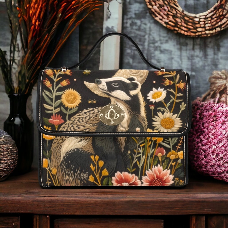 Faux-Embroidered Badger & Woodland Floral Witchy Satchel Handbag For Boho Hippie