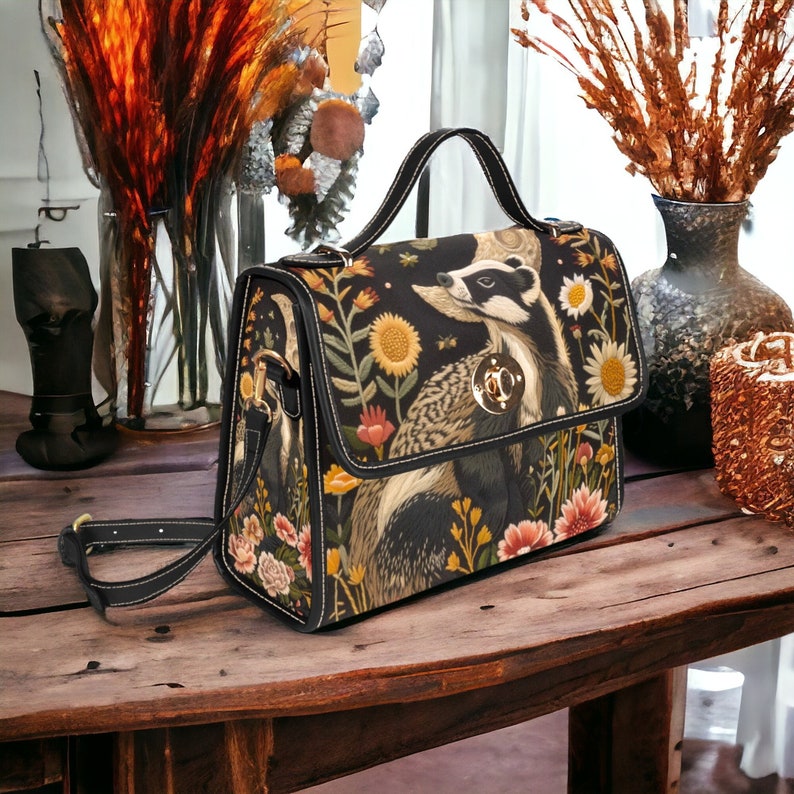 Faux-Embroidered Badger & Woodland Floral Witchy Satchel Handbag For Boho Hippie