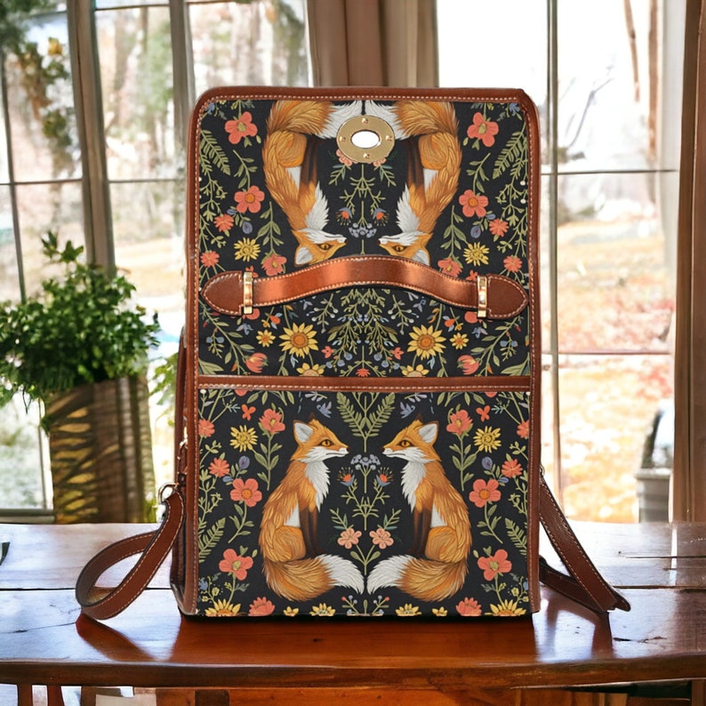 Faux-Embroidered Foxes & Flowers Witchy Satchel Handbag For Boho Hippie