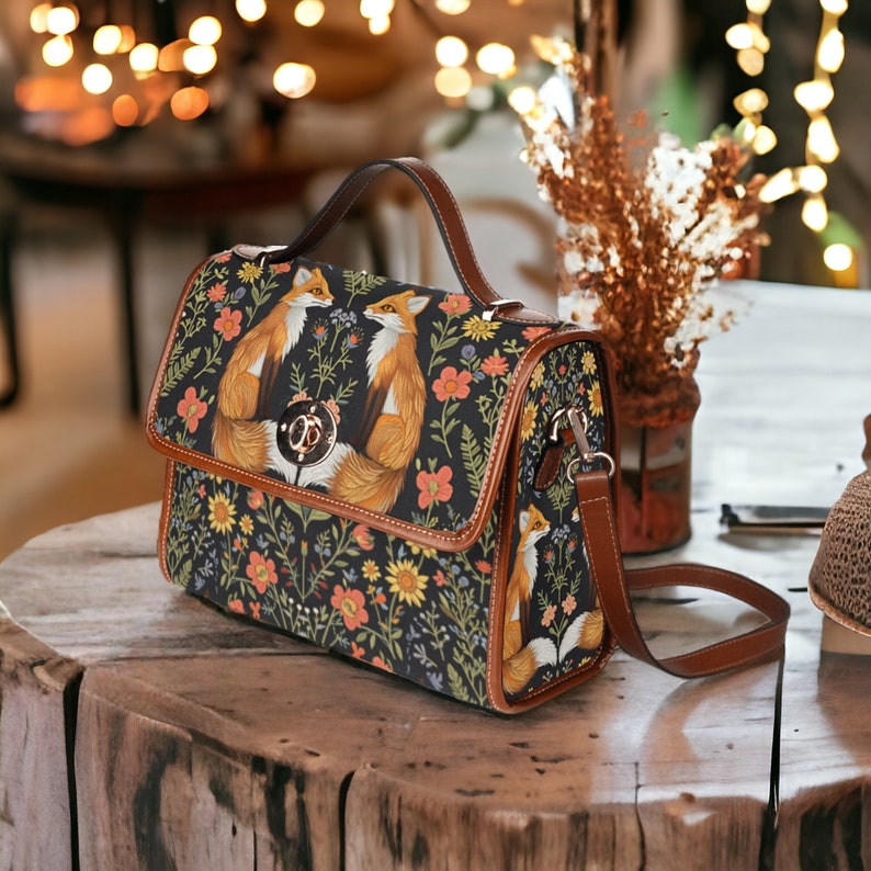 Faux-Embroidered Foxes & Flowers Witchy Satchel Handbag For Boho Hippie