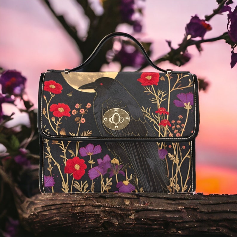 Dark Cottage Goth Witchy Crow & Floral Witchy Satchel Handbag For Boho Hippie