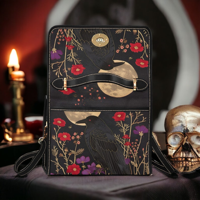 Dark Cottage Goth Witchy Crow & Floral Witchy Satchel Handbag For Boho Hippie