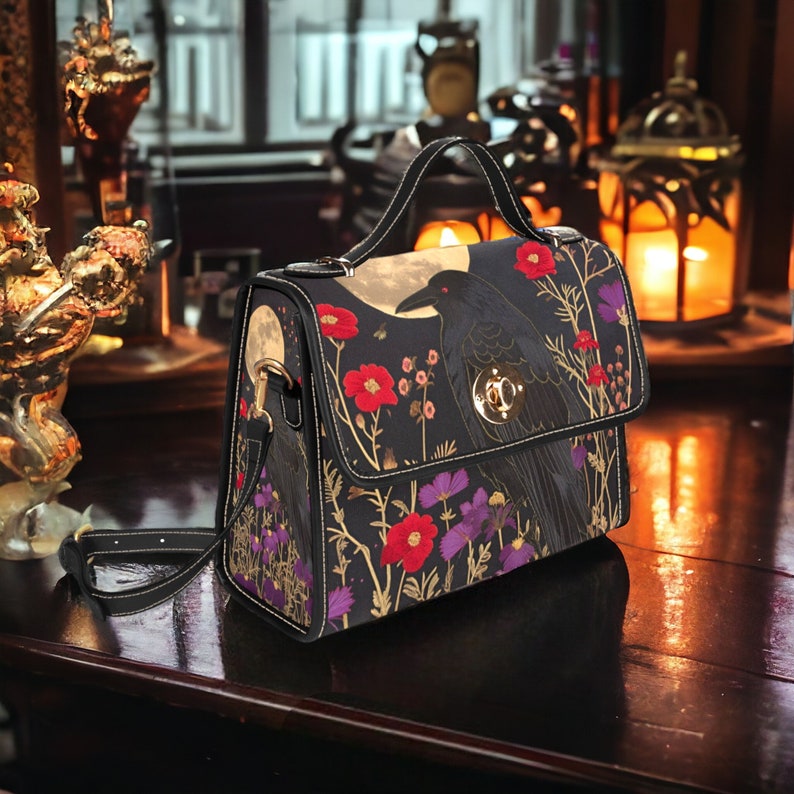 Dark Cottage Goth Witchy Crow & Floral Witchy Satchel Handbag For Boho Hippie