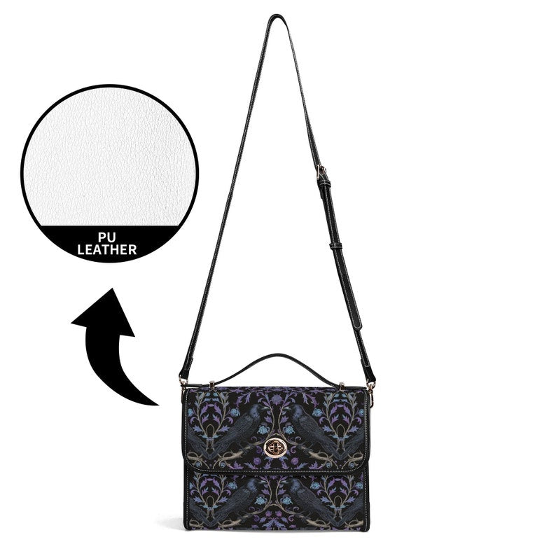 Gothic Violet Raven's Roost Vegan Leather Satchel Handbag For Boho Hippie