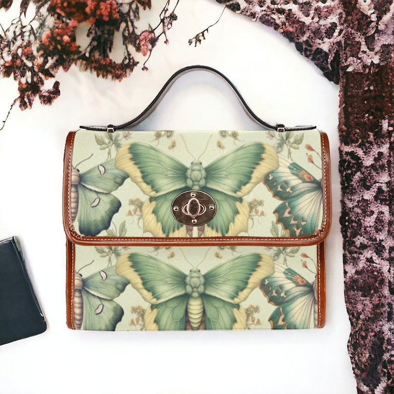 Pastel Green Moth Brown Canvas Witchy Satchel Bag For Boho Hippie