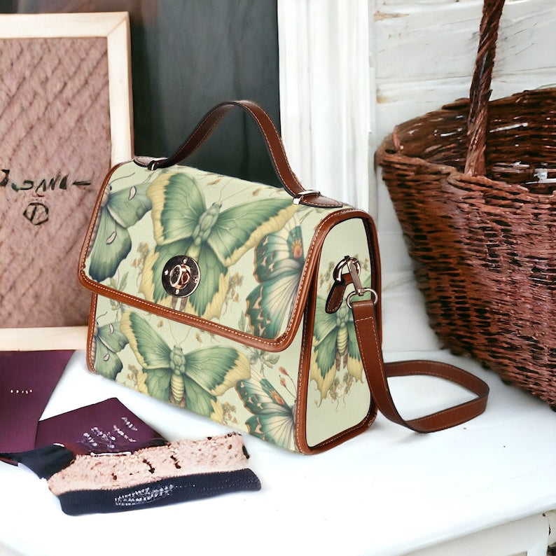 Pastel Green Moth Brown Canvas Witchy Satchel Bag For Boho Hippie