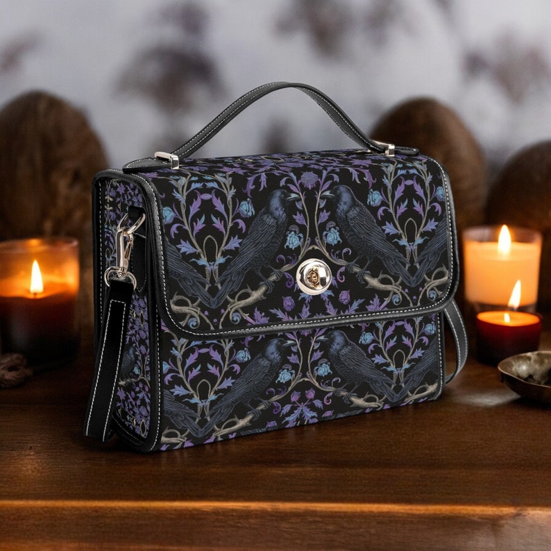 Gothic Violet Raven's Roost Vegan Leather Satchel Handbag For Boho Hippie