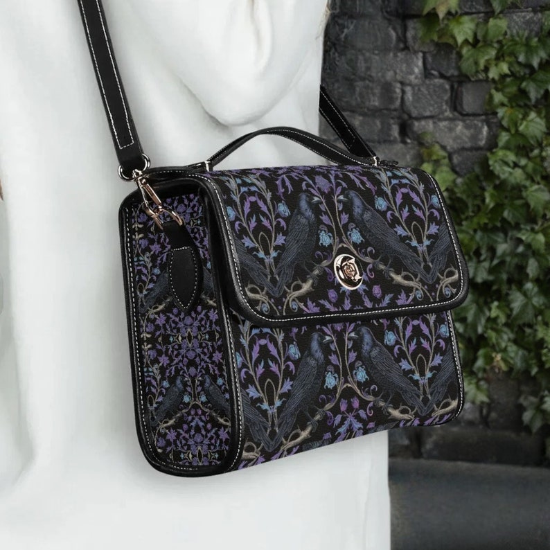 Gothic Violet Raven's Roost Vegan Leather Satchel Handbag For Boho Hippie