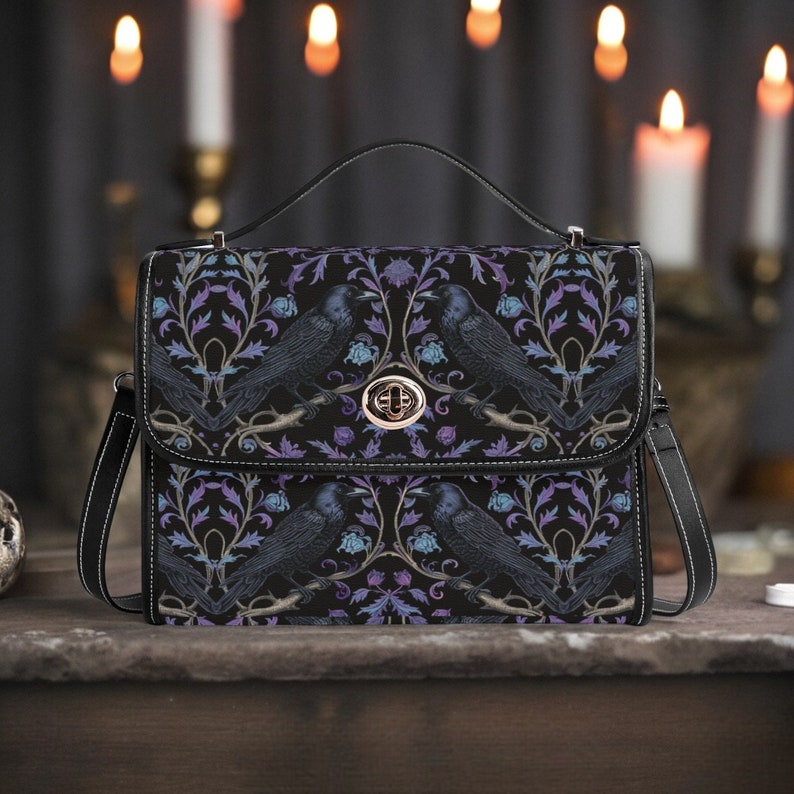Gothic Violet Raven's Roost Vegan Leather Satchel Handbag For Boho Hippie