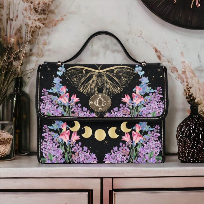 Celestial Gold Luna Moth & Lilacs Witchy Satchel Handbag For Boho Hippie