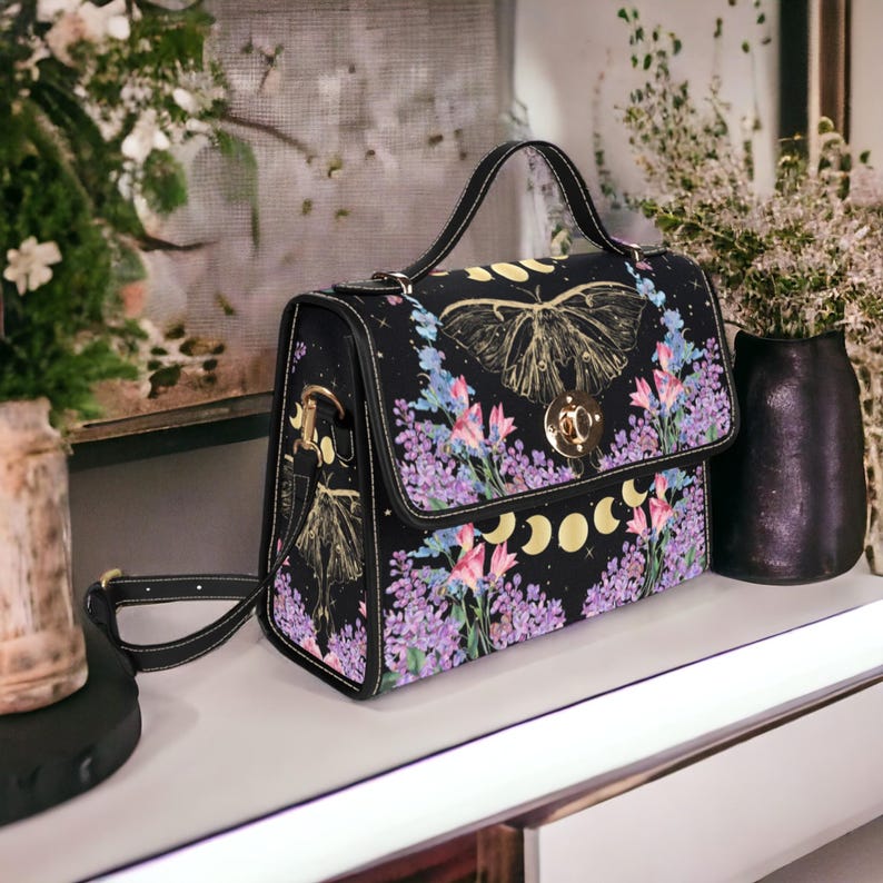 Celestial Gold Luna Moth &amp; Lilacs Witchy Satchel Handbag For Boho Hippie