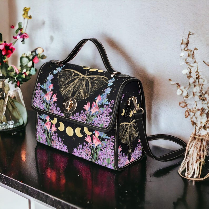Celestial Gold Luna Moth & Lilacs Witchy Satchel Handbag For Boho Hippie