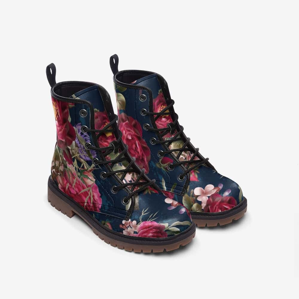 Hippie Art Zone - Red And Blue Floral Print Vegan Leather Boots