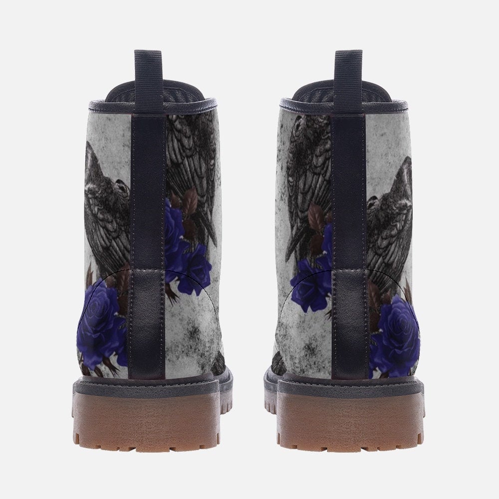 Hippie Art Zone - Blue Rose Raven Crow Casual Leather Lightweight Gothic Combat Boots