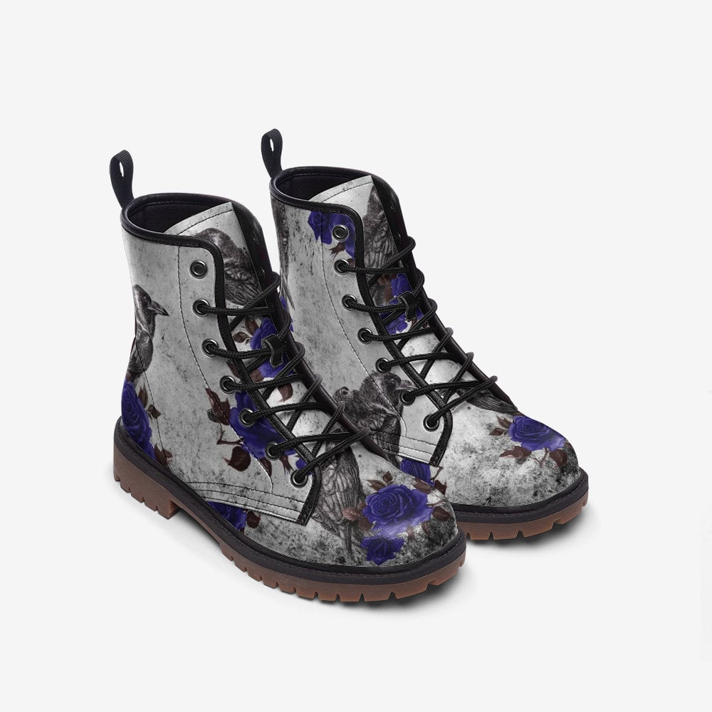 Hippie Art Zone - Blue Rose Raven Crow Casual Leather Lightweight Gothic Combat Boots For Hippies