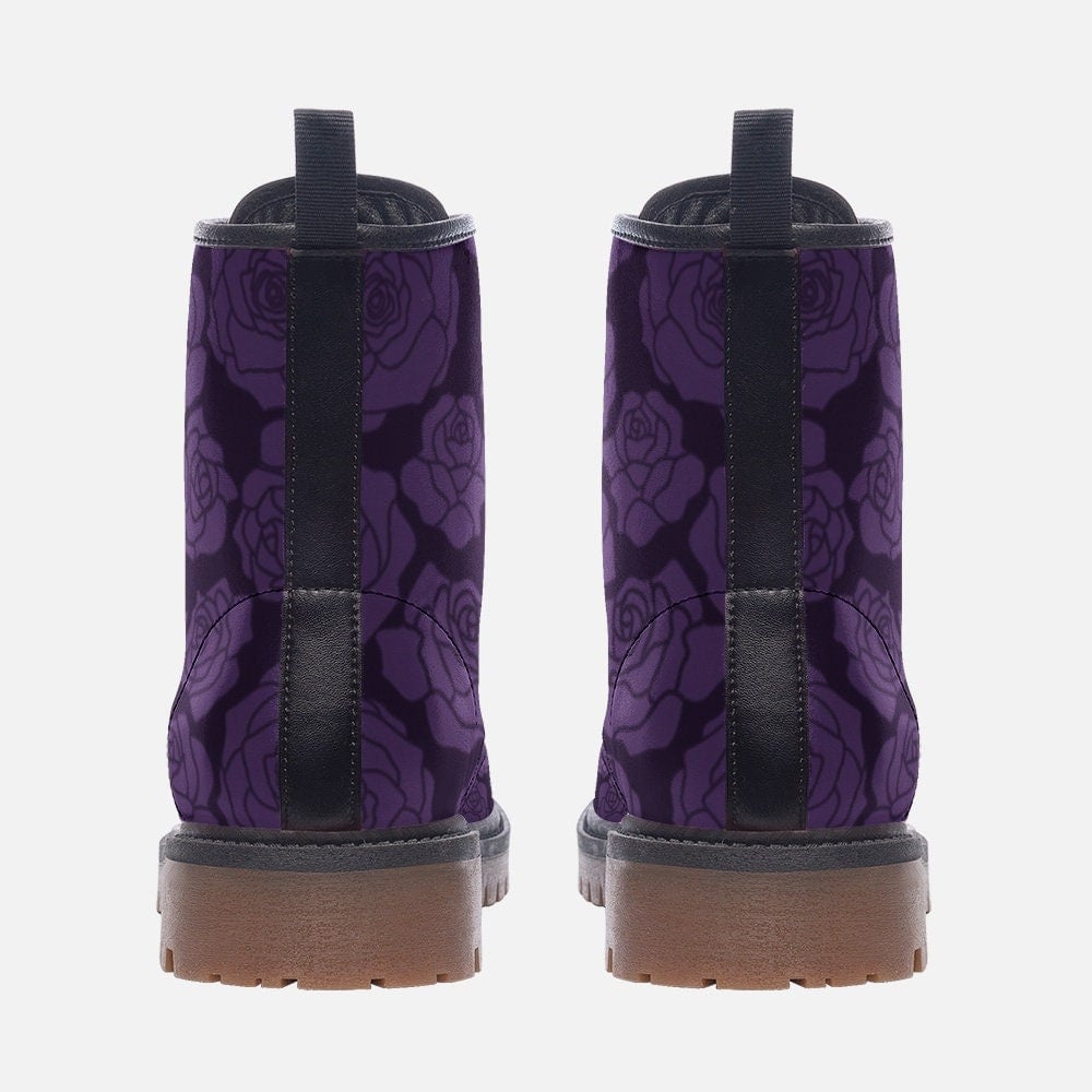 Hippie Art Zone - Purple Gothic Roses Casual Pu Leather Lightweight Combat Boots