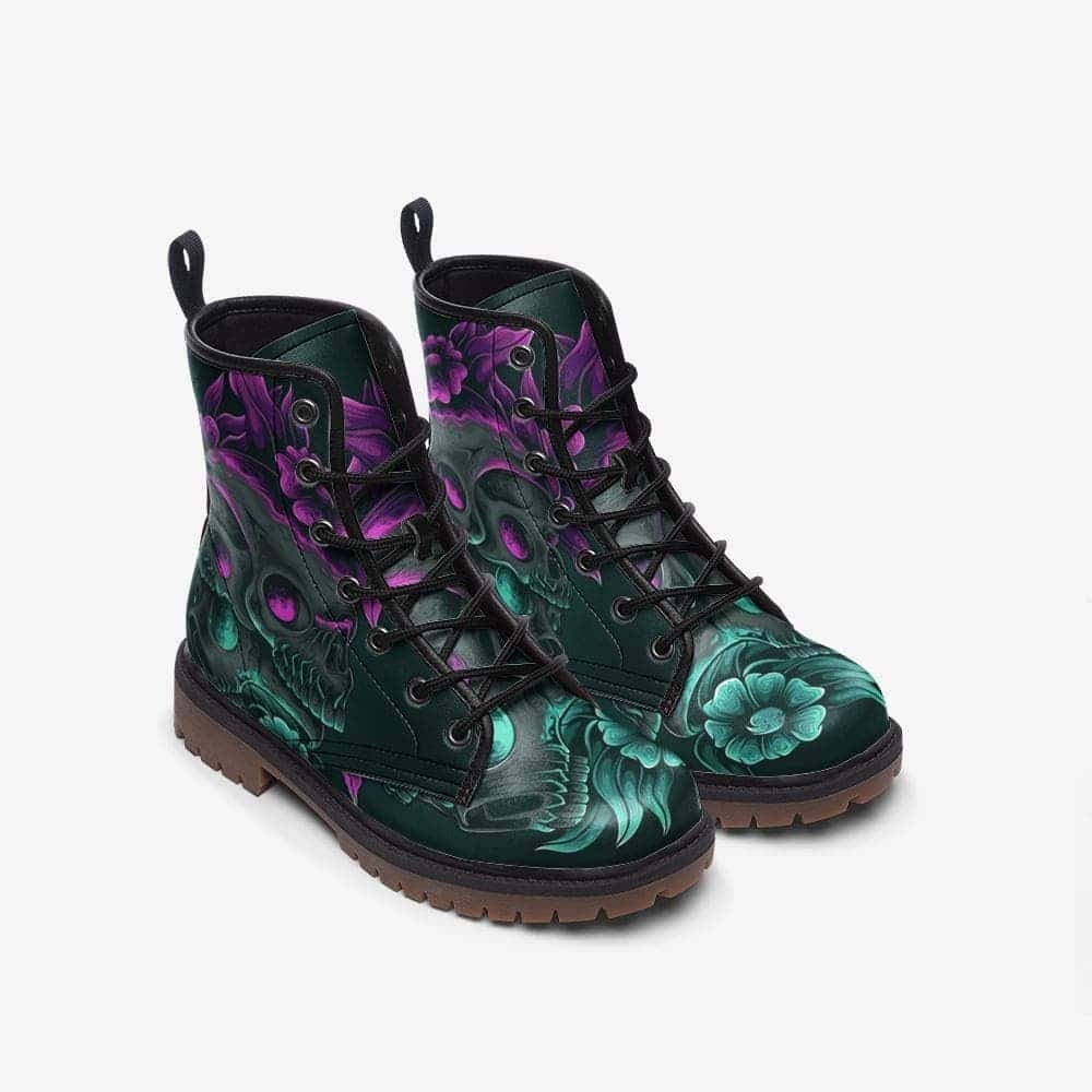 Hippie Art Zone - Skulls And Flowers Vegan Leather Combat Boots