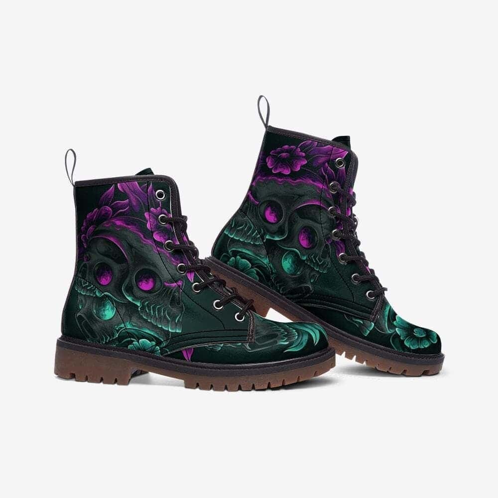 Hippie Art Zone - Skulls And Flowers Vegan Leather Combat Boots