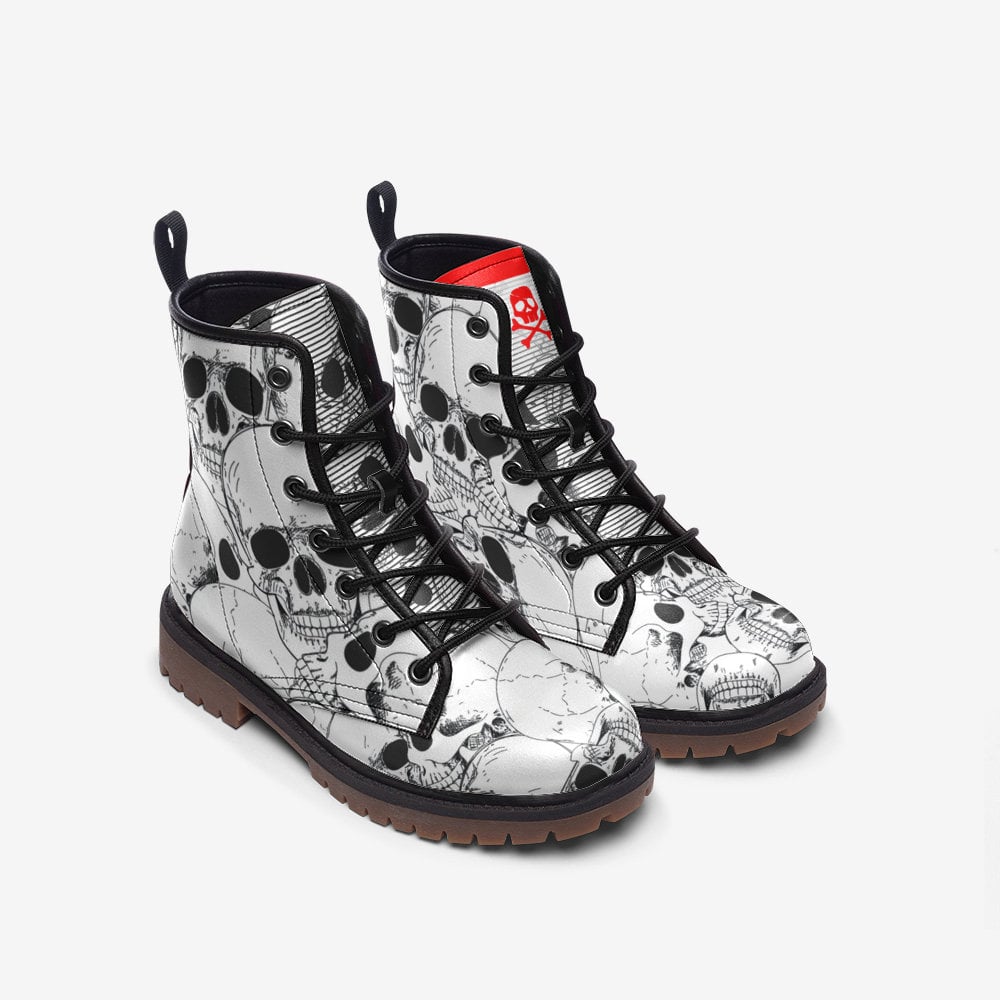 Hippie Art Zone - White Skull Gothic Punk And Combat Boots