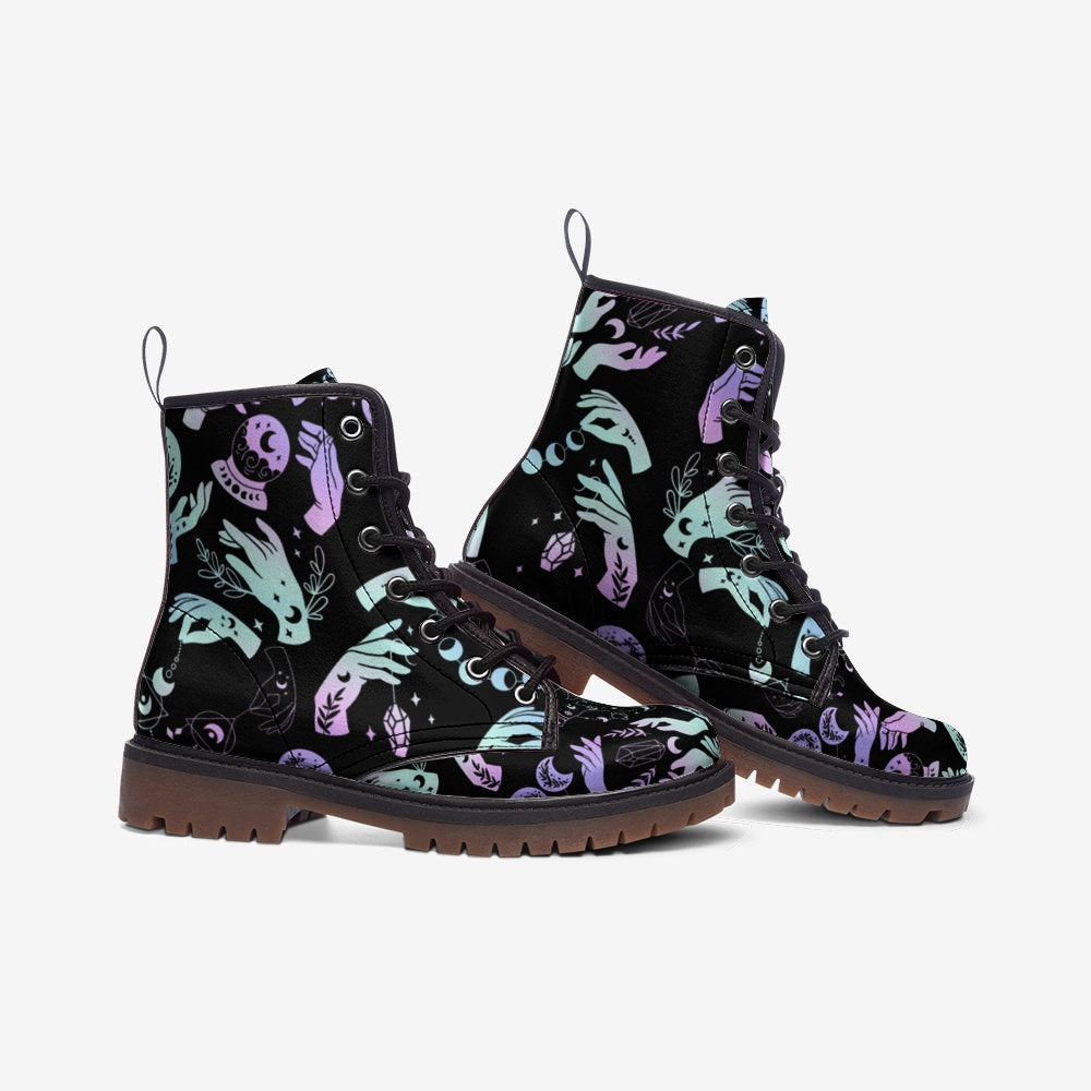 Hippie Art Zone - Pastel Witch Moon Vegan Leather Combat Boots