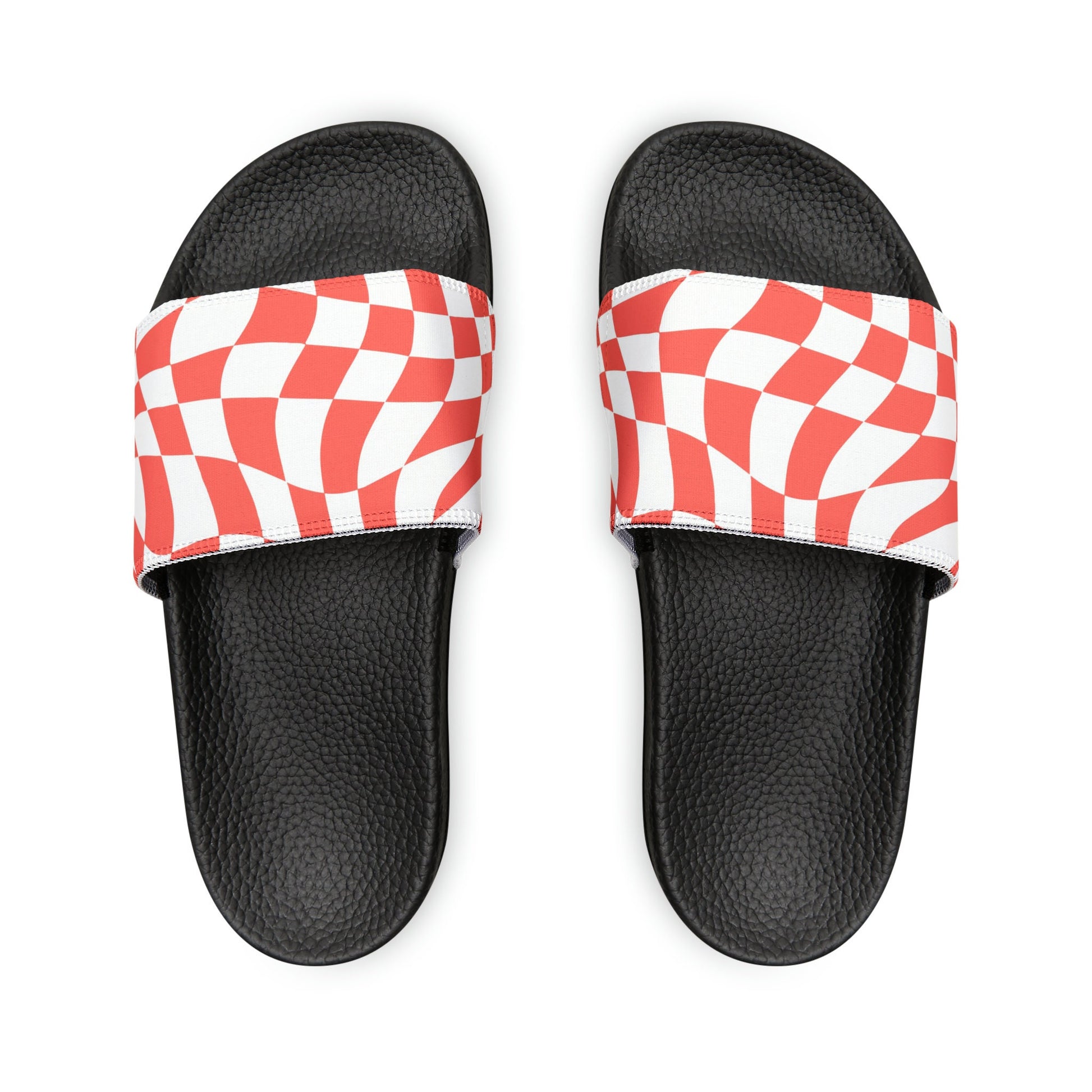 hippieartzone - Retro Checkered Print Slides Groovy Checkered Print Slides Slip-On 90's Style Inspired Sandals Summer-time Flip-Slops Cute Wavy Checkers