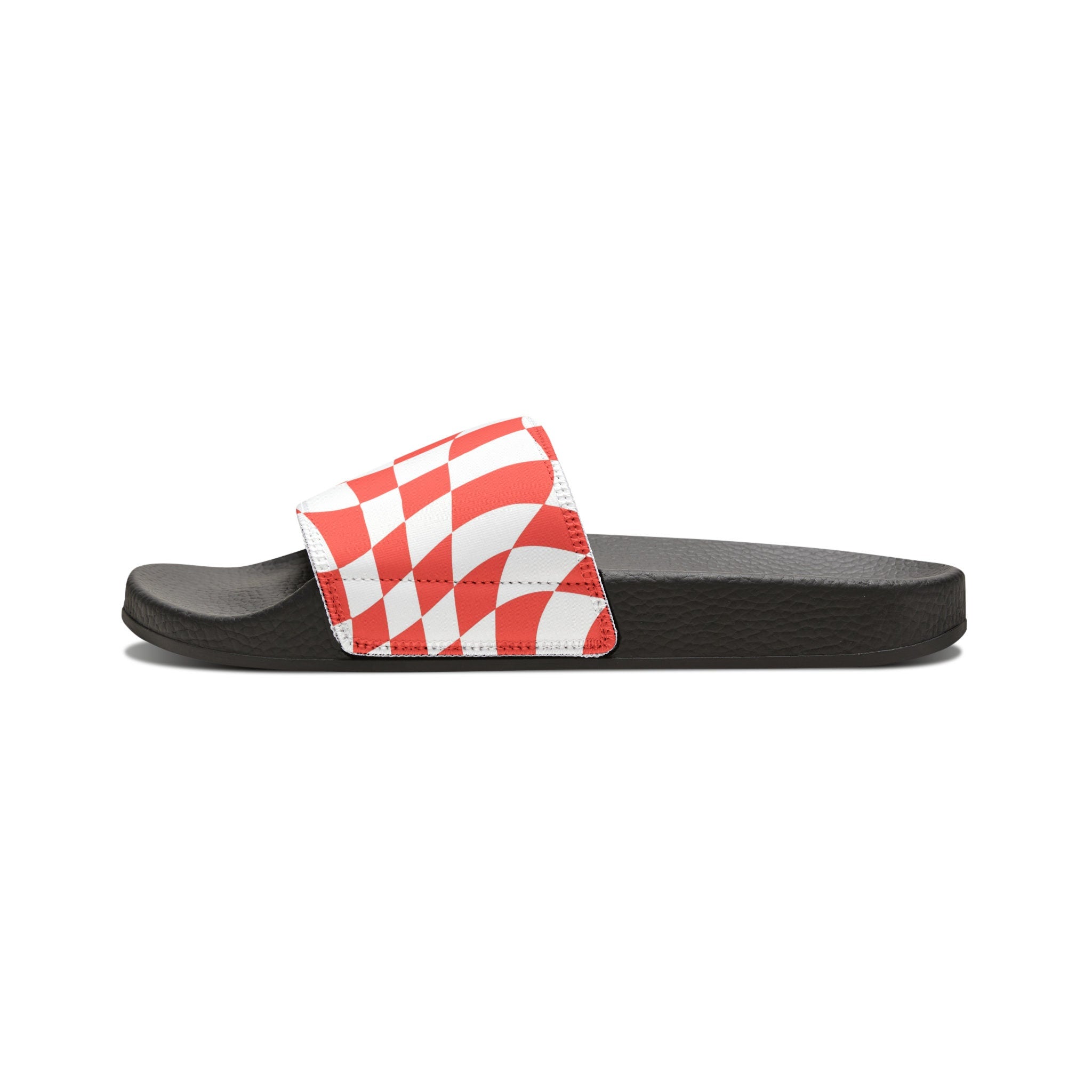 hippieartzone - Retro Checkered Print Slides Groovy Checkered Print Slides Slip-On 90's Style Inspired Sandals Summer-time Flip-Slops Cute Wavy Checkers
