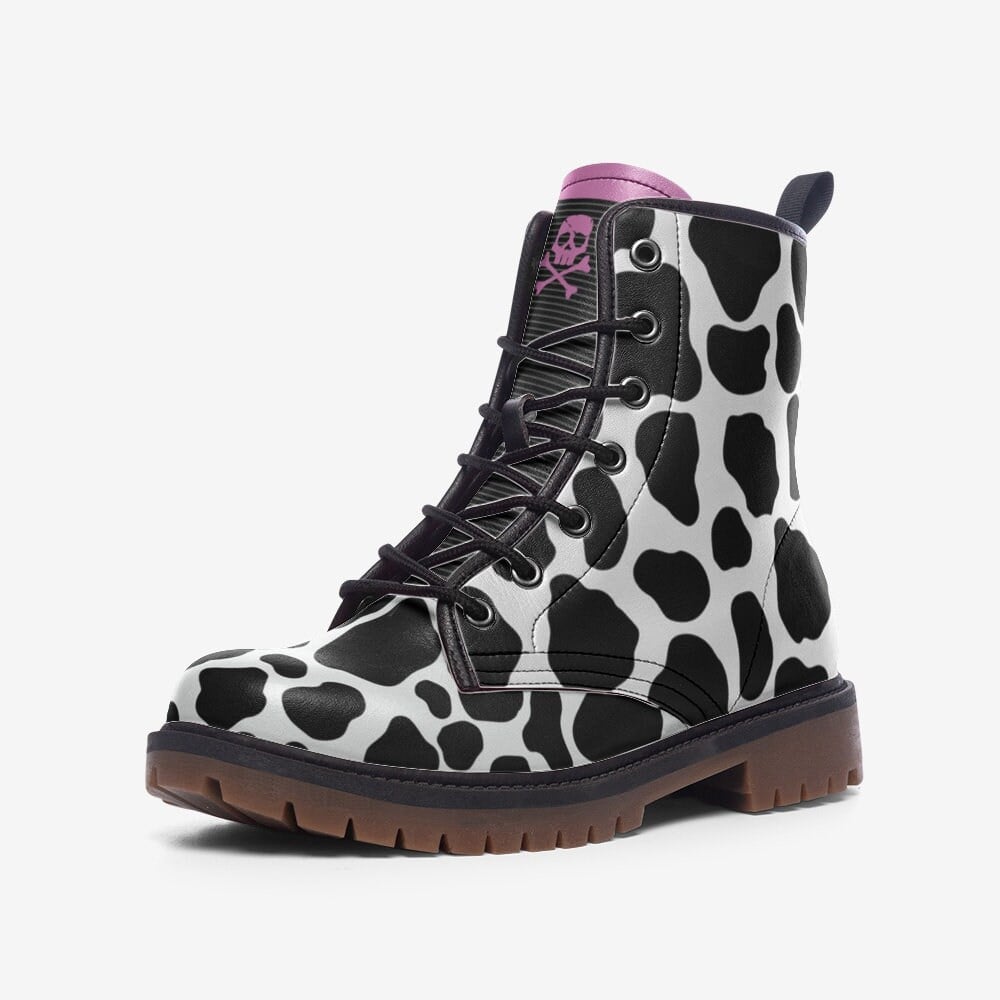 Hippie Art Zone - Cow Skin Pattern / Gothic, Punk, Combat Boots In Unisex Casual Lightweight Vegan Leather