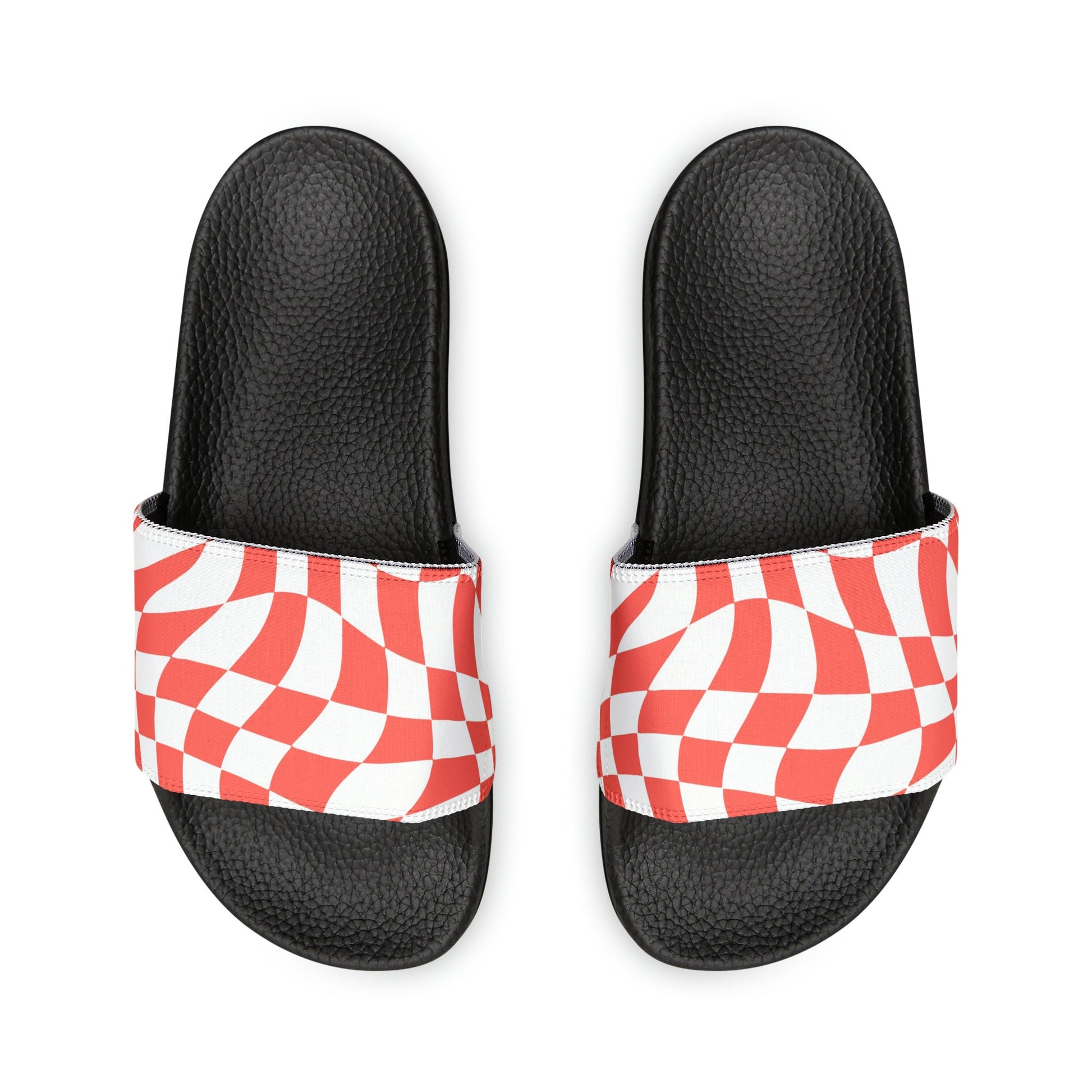 hippieartzone - Retro Checkered Print Slides Groovy Checkered Print Slides Slip-On 90's Style Inspired Sandals Summer-time Flip-Slops Cute Wavy Checkers