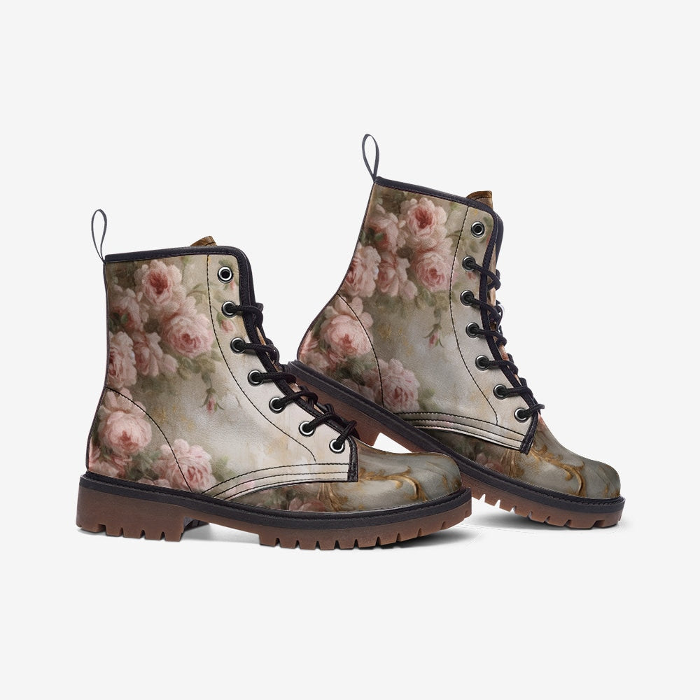 Hippie Art Zone - Pink Painted Roses Casual Leather Lightweight Boots