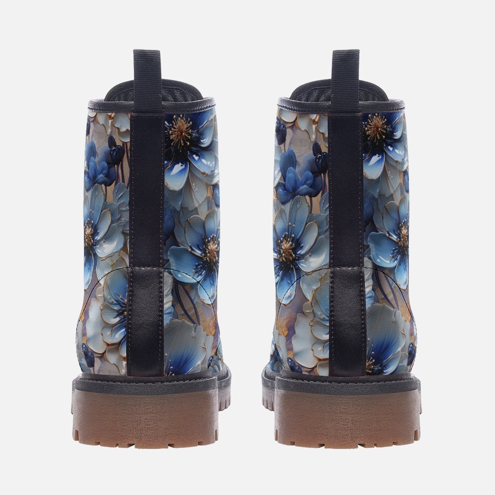 Hippie Art Zone - Blue Floral Casual Faux Leather Lightweight Boots