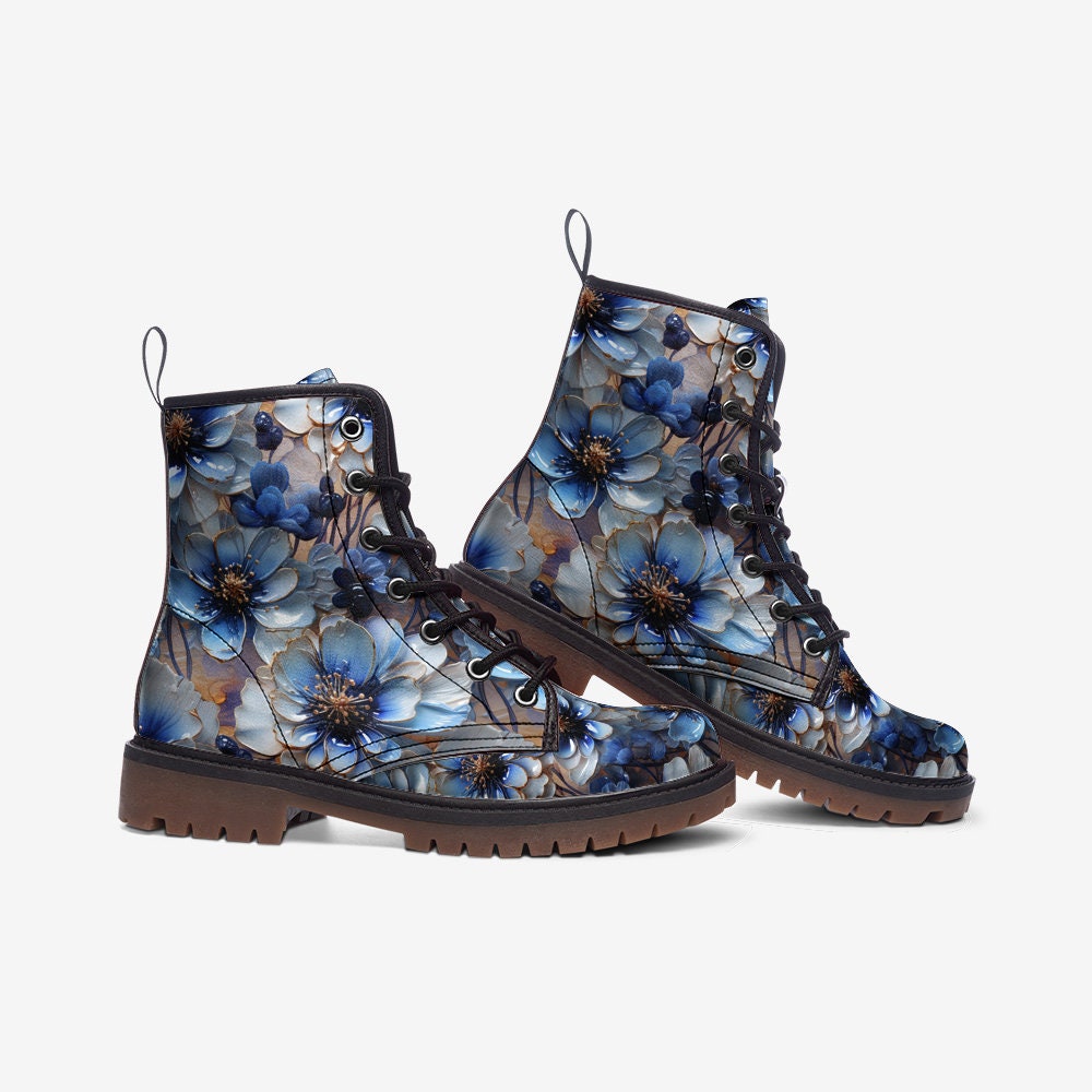 Hippie Art Zone - Blue Floral Casual Faux Leather Lightweight Boots