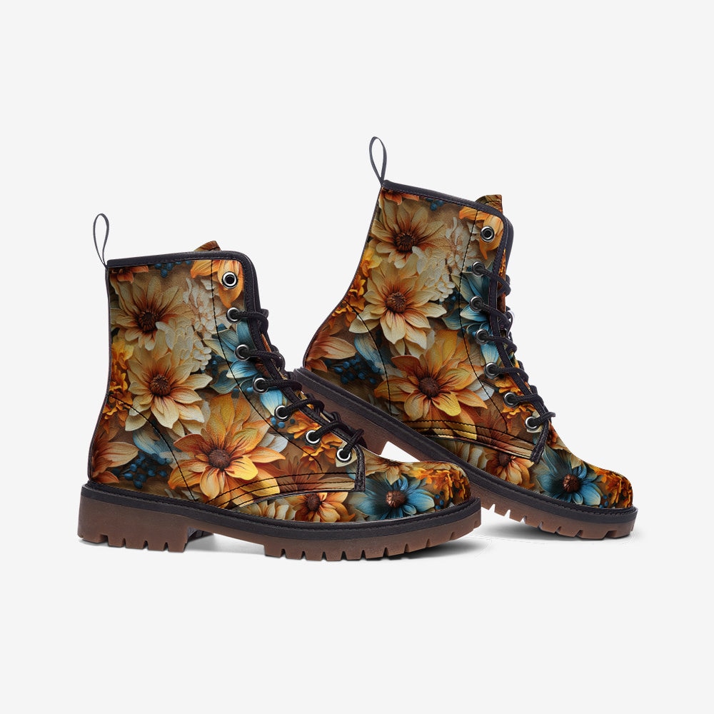 Hippie Art Zone - Orange Floral Casual Faux Leather Lightweight Boots