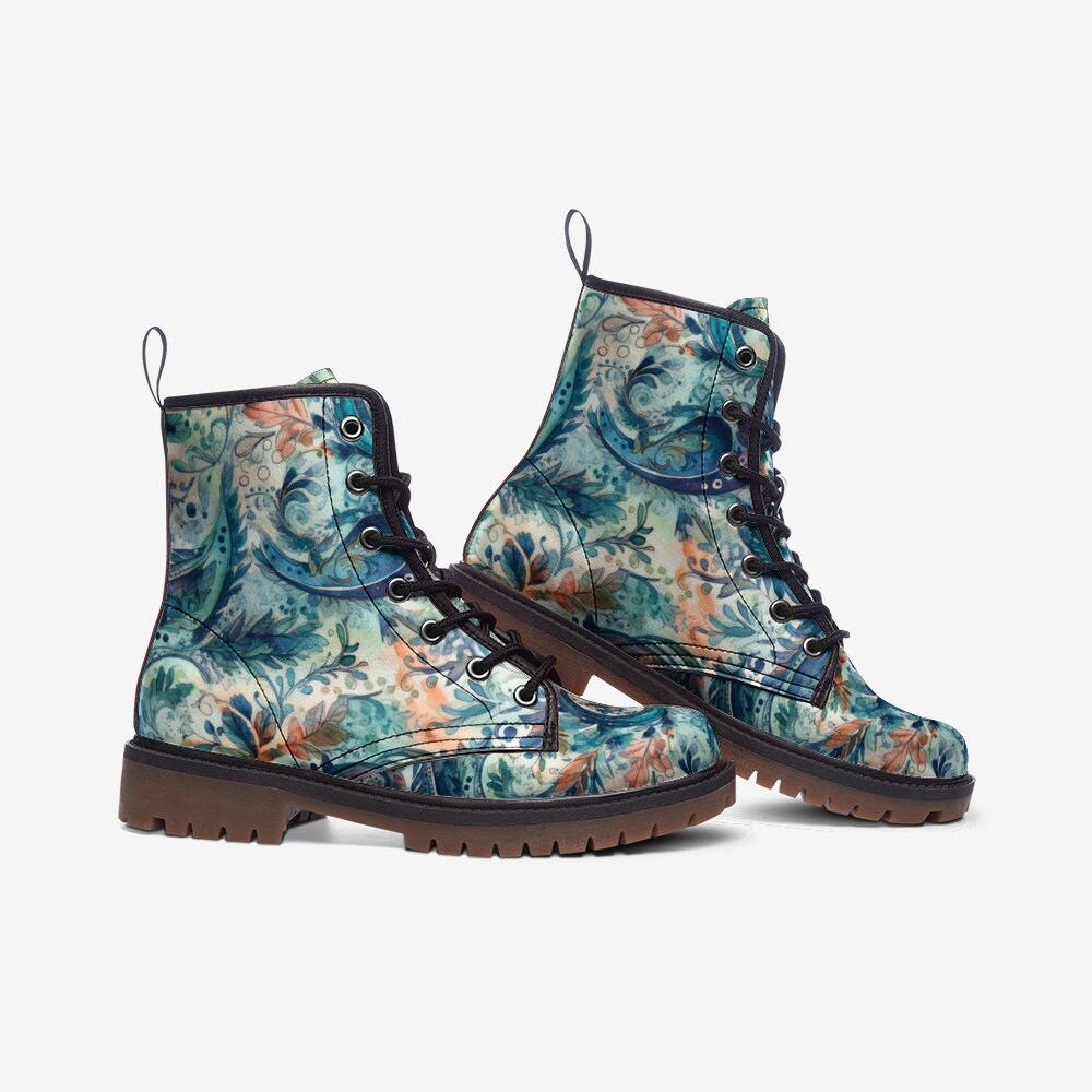 Hippie Art Zone - Blue Paisley Print Casual Faux Leather Lightweight Boots