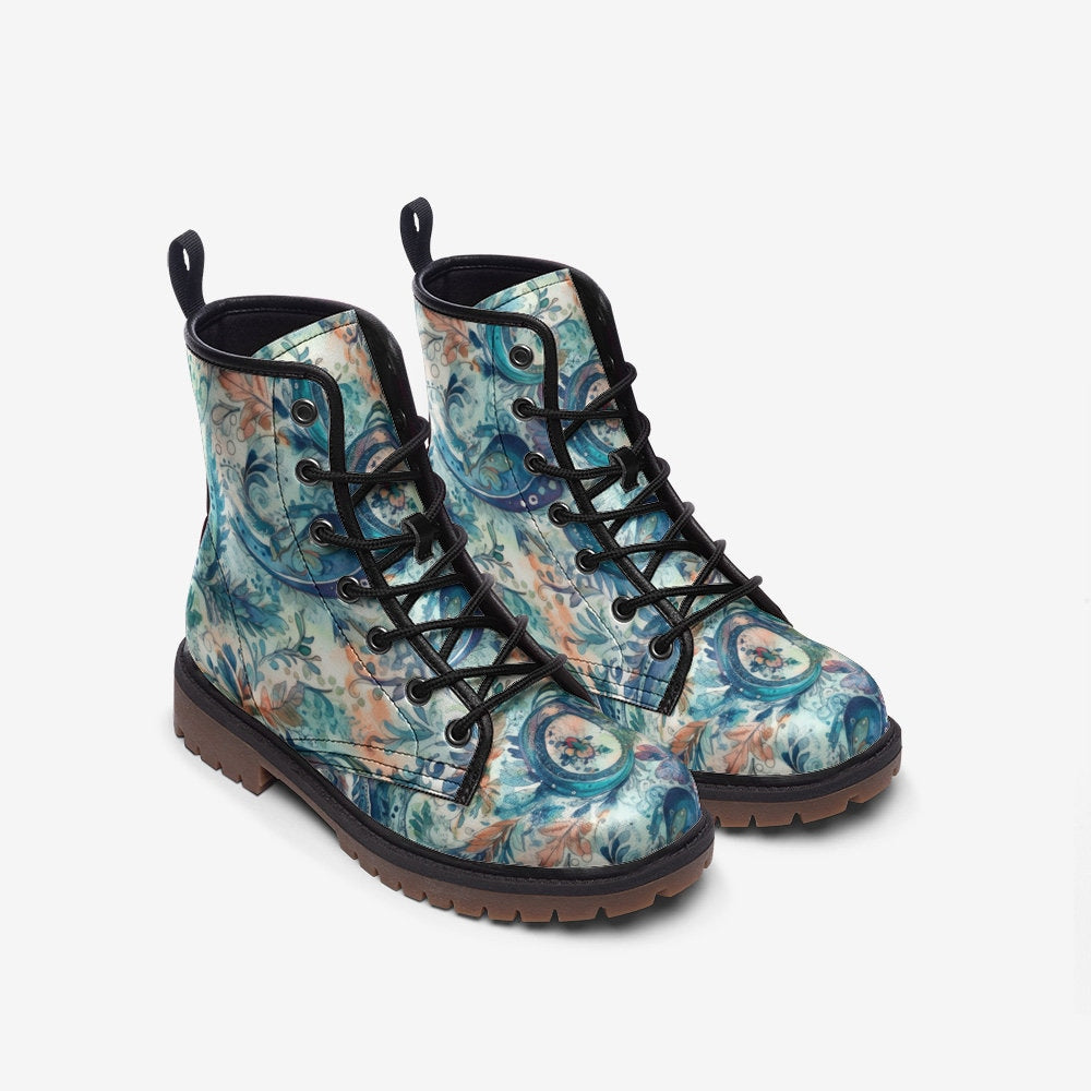 Hippie Art Zone - Blue Paisley Print Casual Faux Leather Lightweight Boots