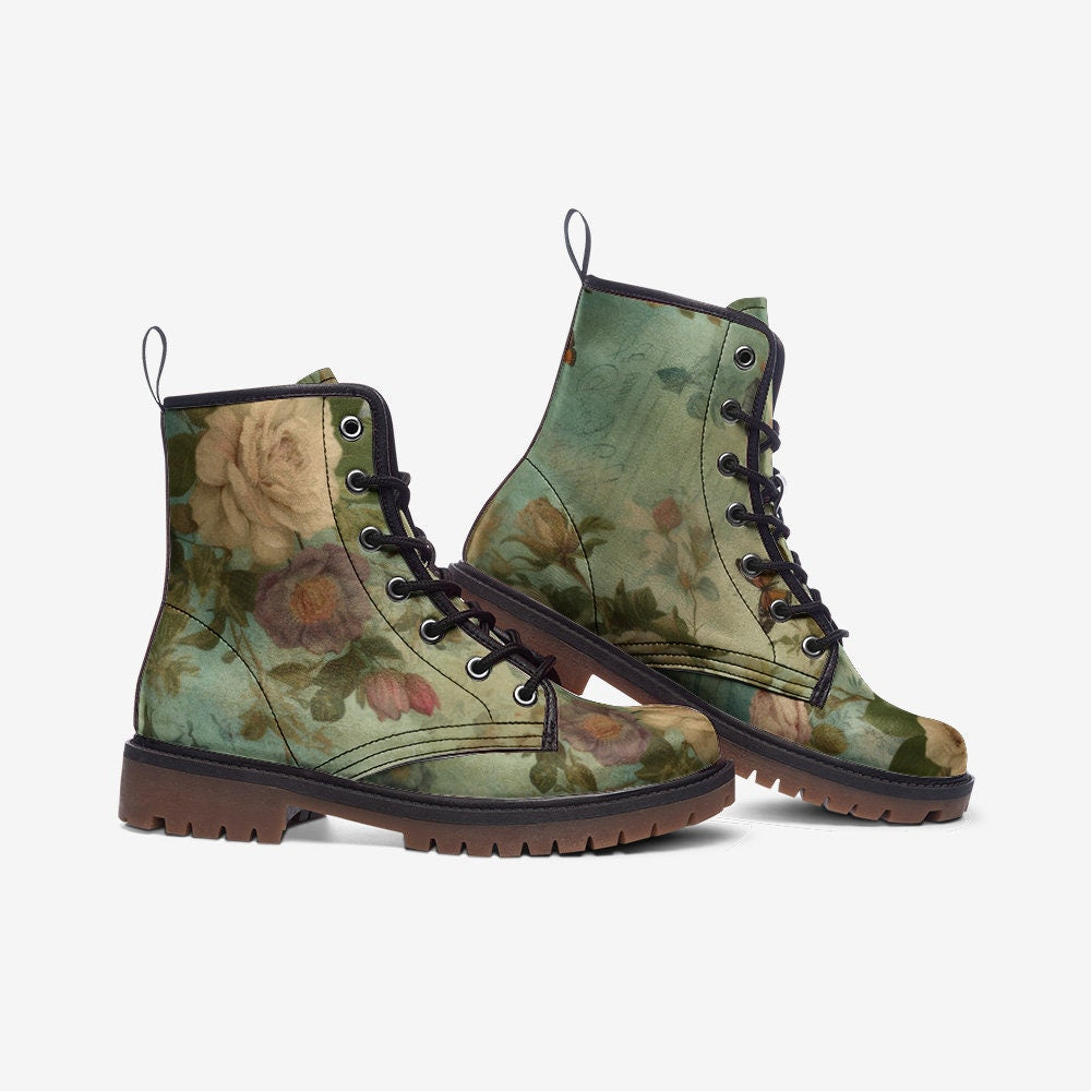 Hippie Art Zone - Green Floral Casual Faux Leather Lightweight Boots